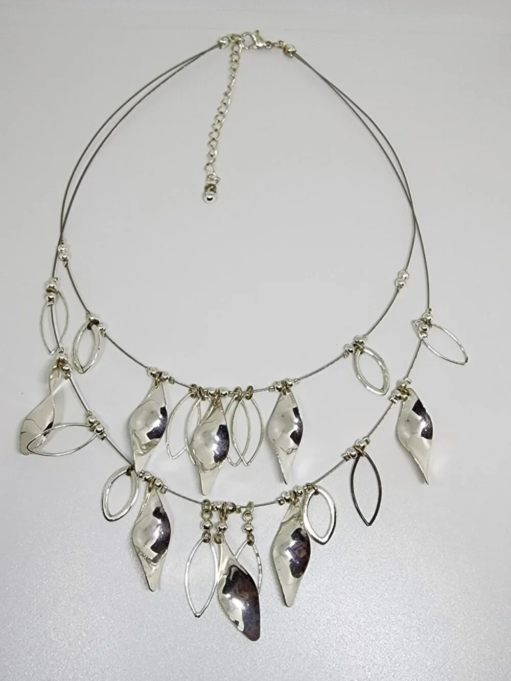 Double Layer Silver Spiral and Marquis Drop Statement Dressy Necklace